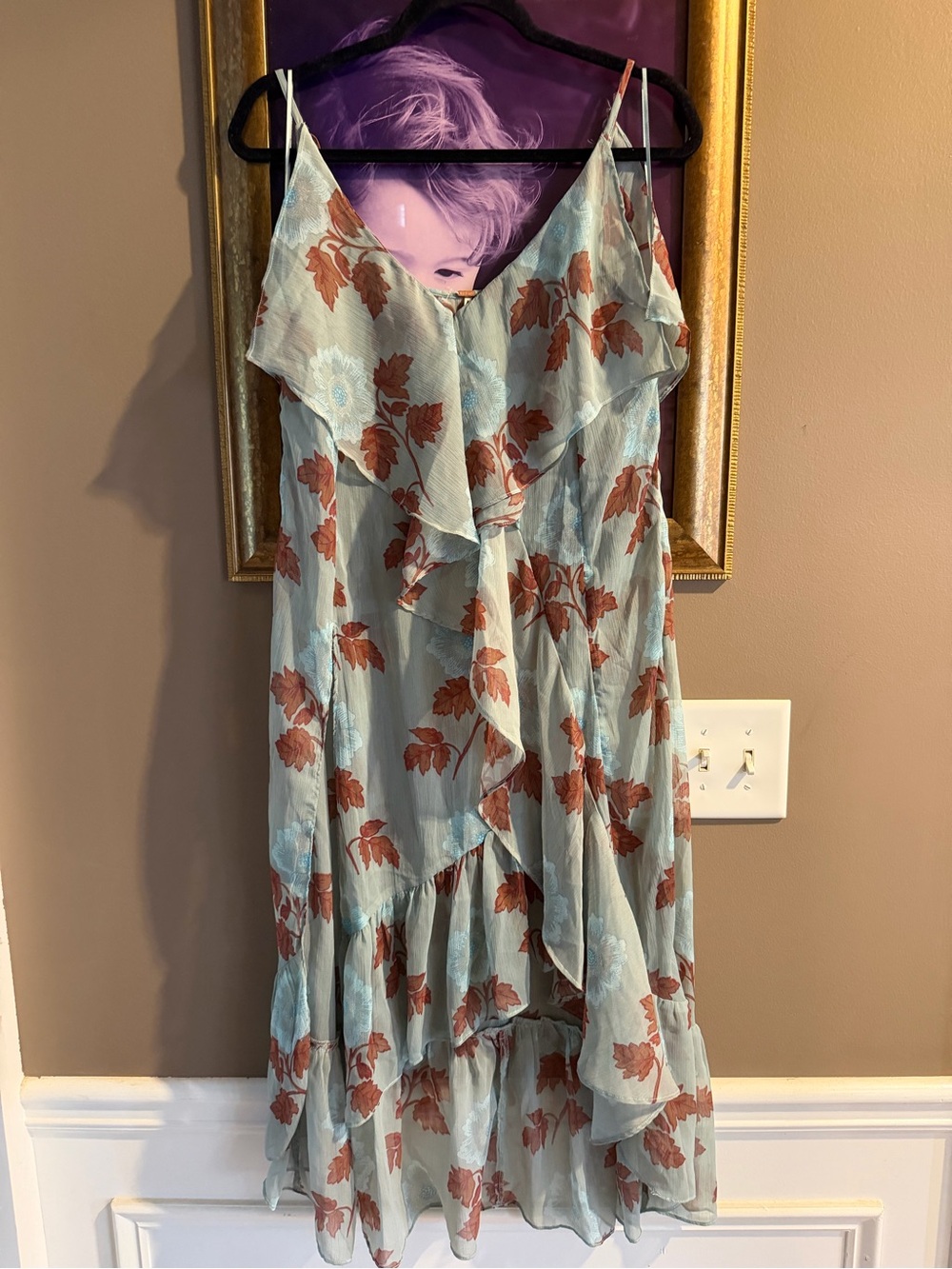 Free People Sunfaded Maxi Top Sage Combo Floral Tiered Ruffle Size small NWOT